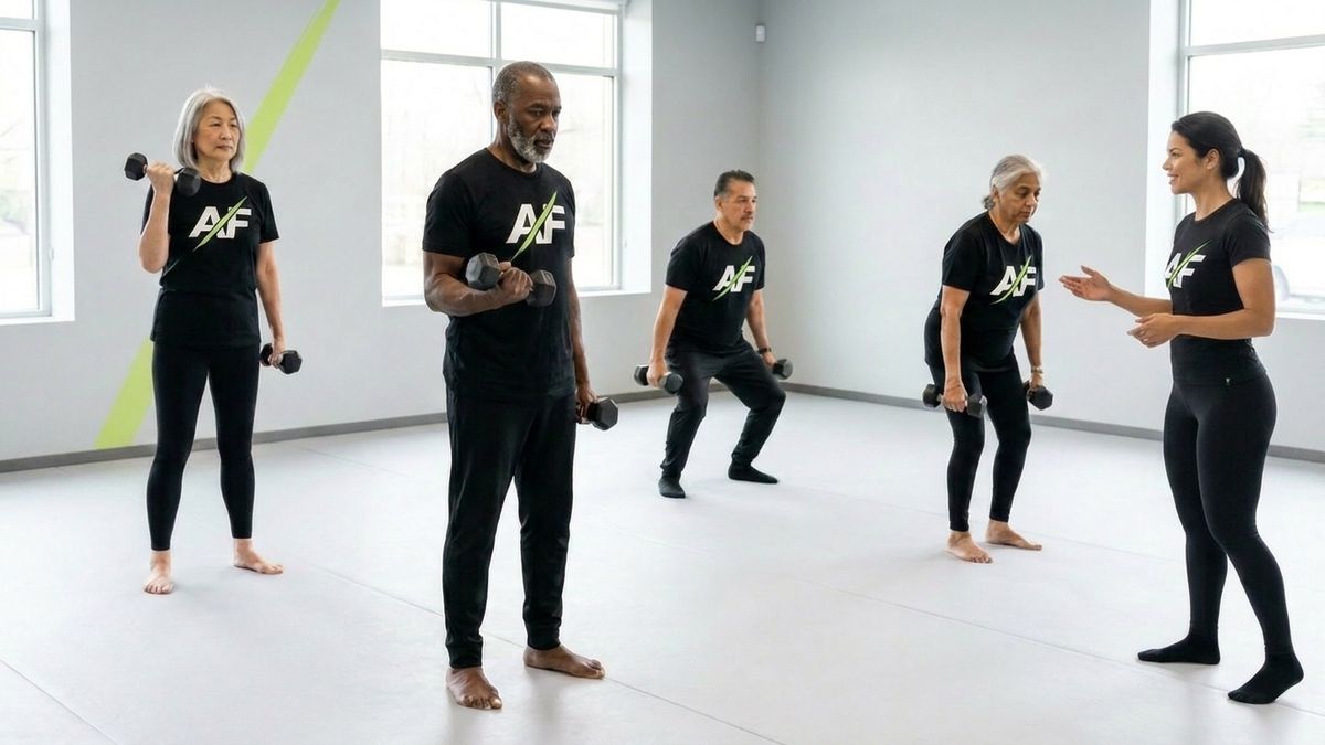 An Active Fit 55+ class training with light dumbbells while a coach guides them